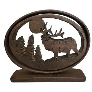 Vintage Scroll Saw Walnut Wood Art Elk in Forest on Stand